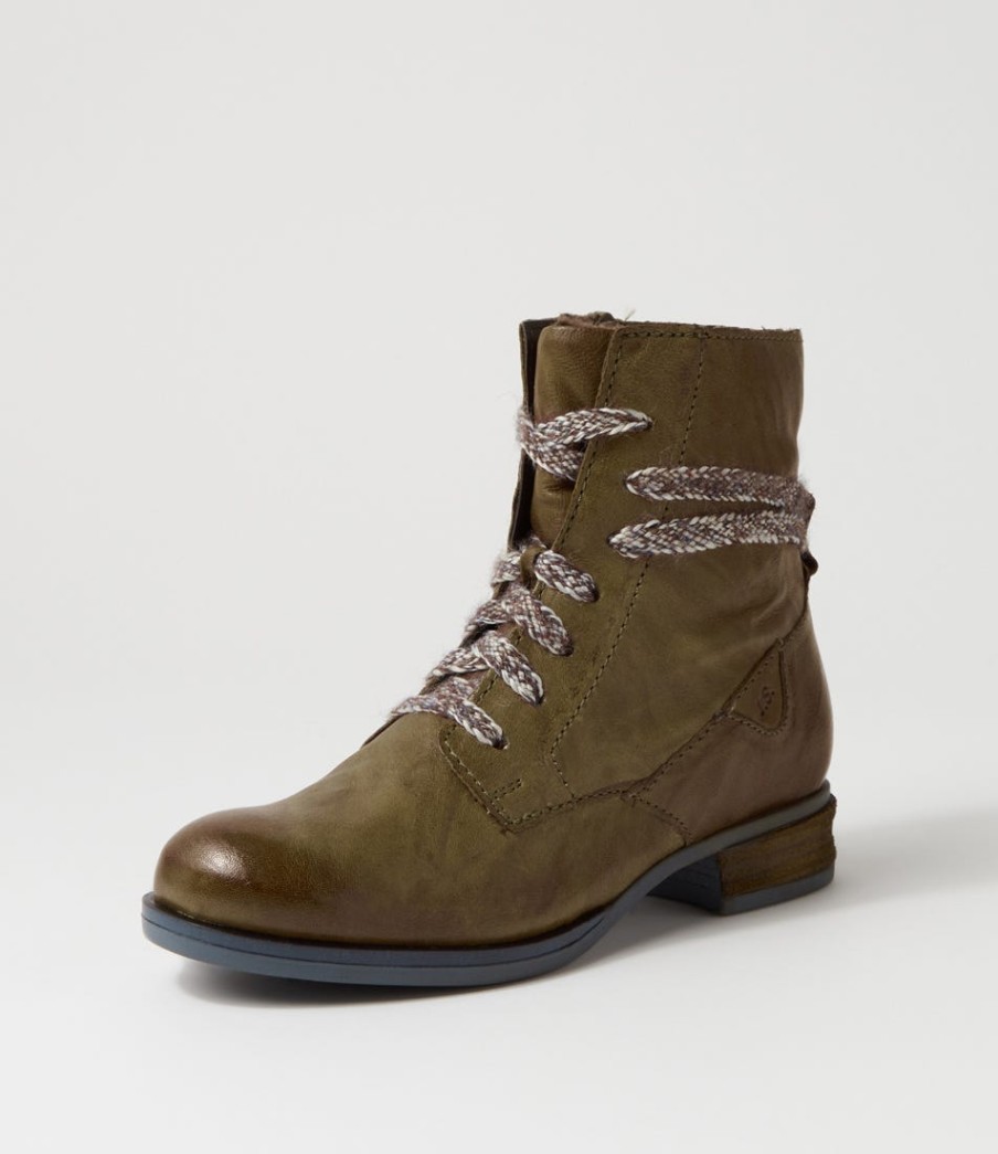 JOSEF SEIBEL Sanja 18 Olive Leather Lace Up Boots | Boots