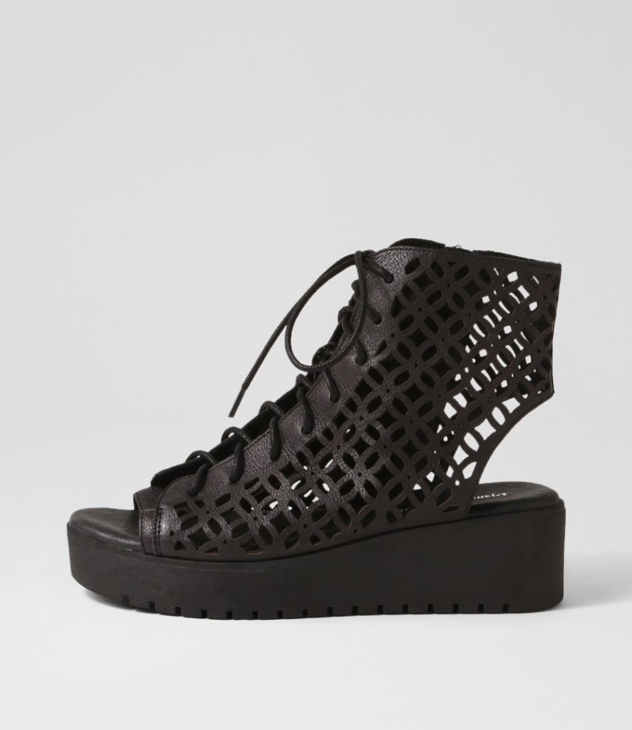 DJANGO & JULIETTE Olava Black Leather Sandals | Wedges