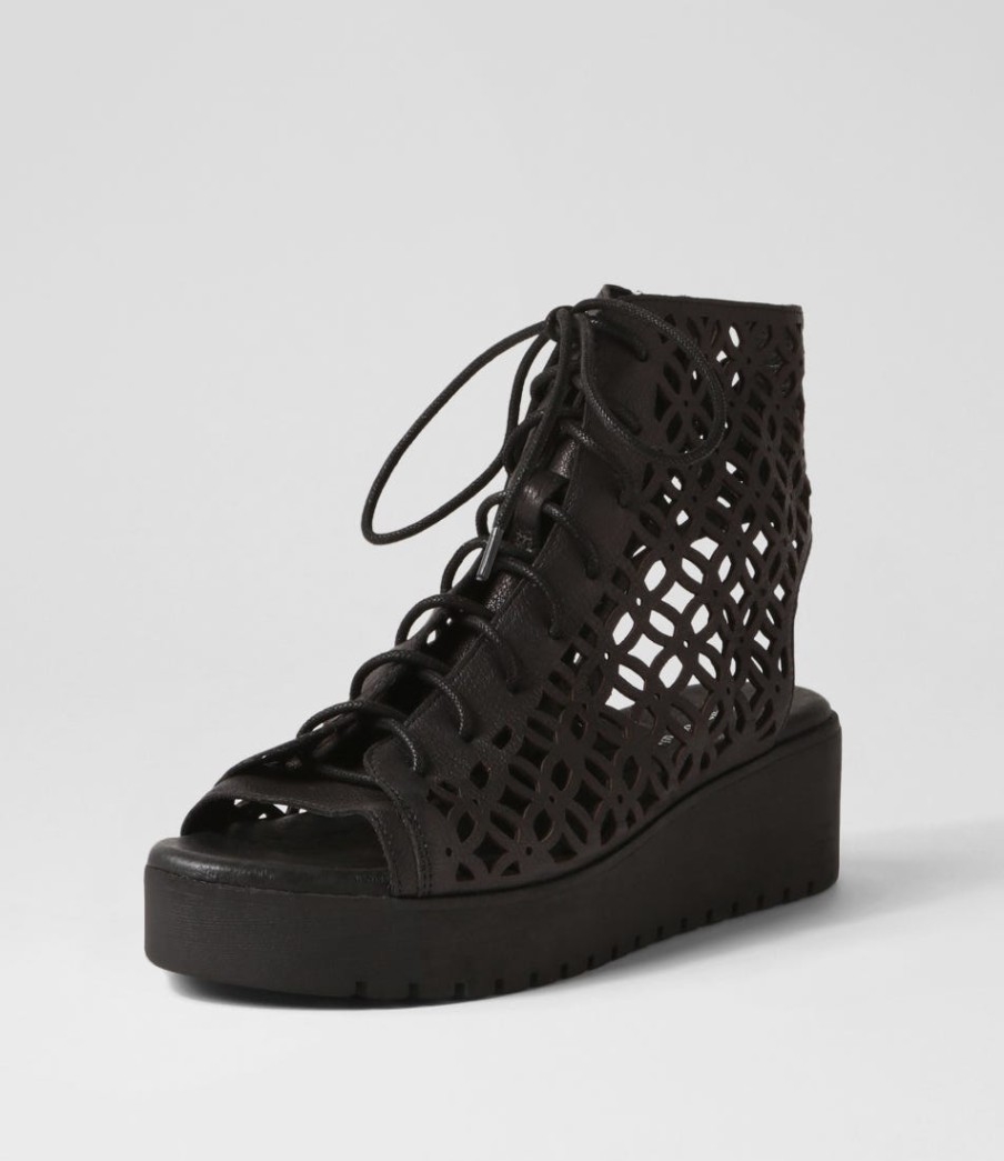 DJANGO & JULIETTE Olava Black Leather Sandals | Wedges