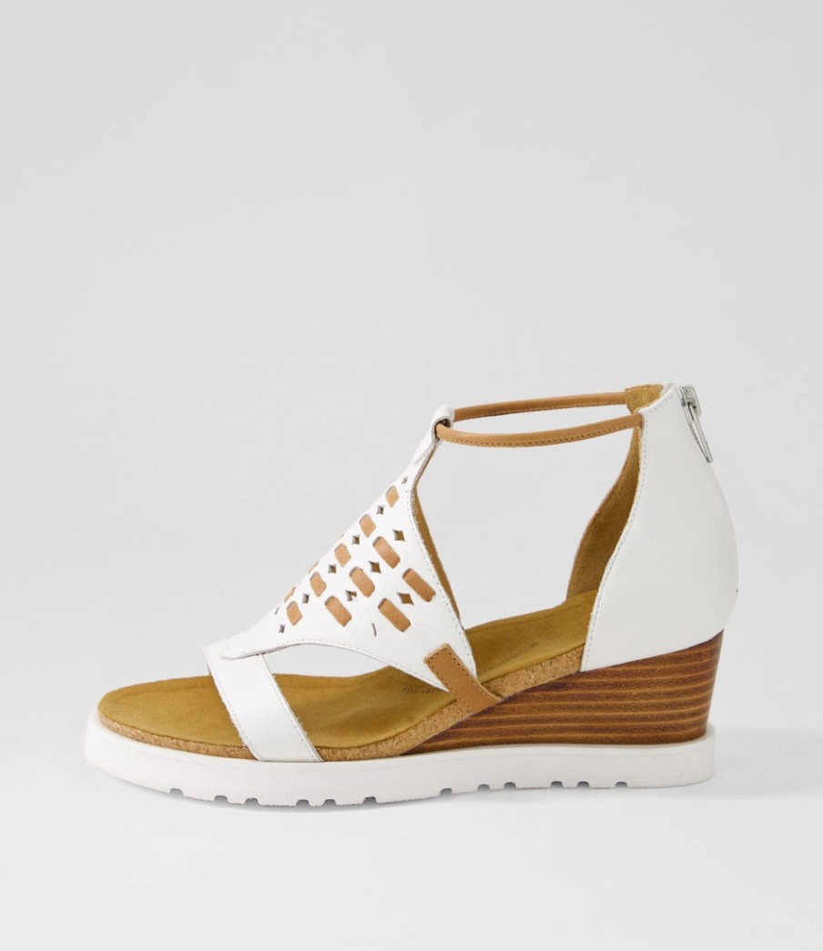 ZIERA Pamilla W White Tan Leather Sandals | Wedges