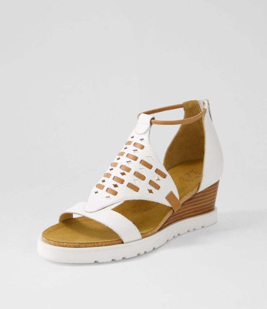 ZIERA Pamilla W White Tan Leather Sandals | Wedges