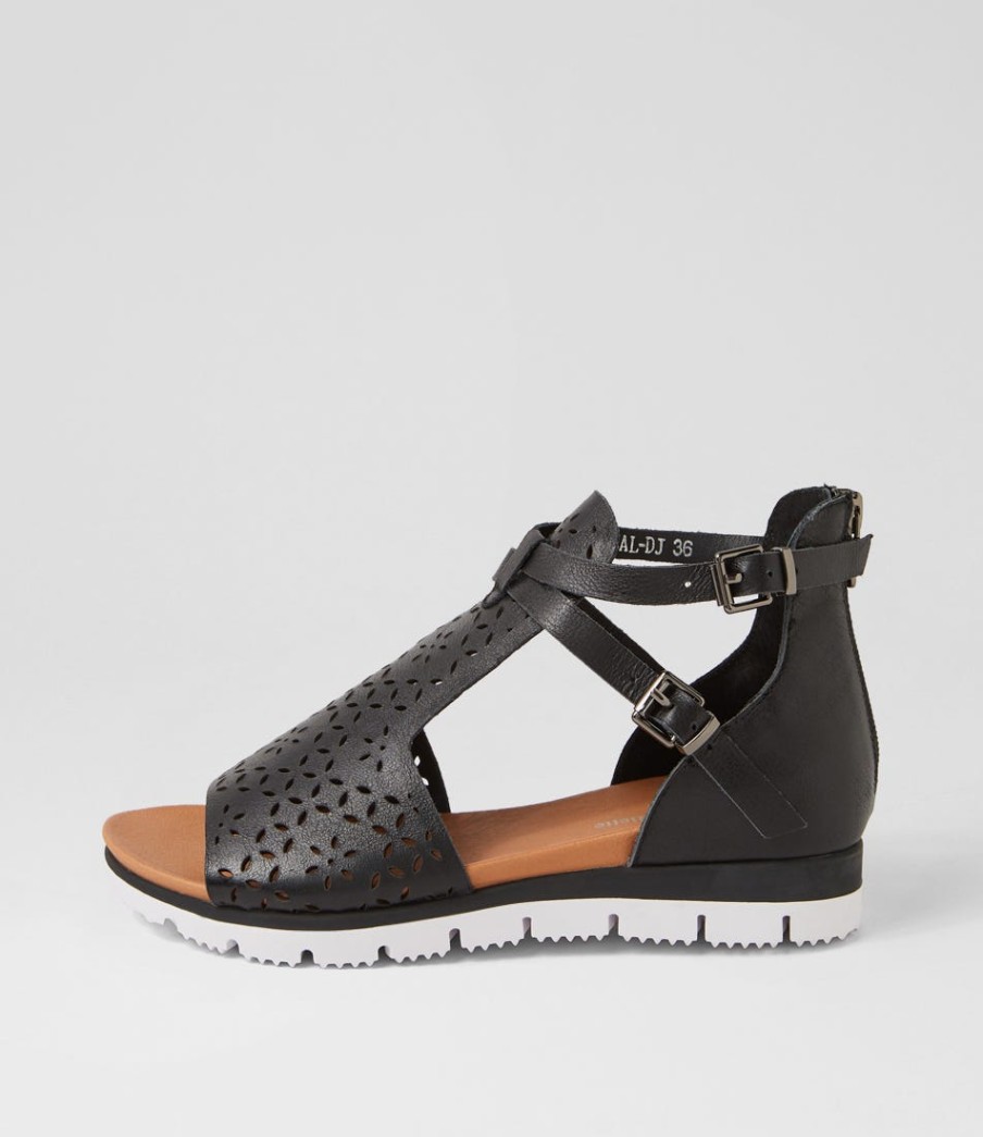 DJANGO & JULIETTE Lopical Black White Leather Sandals | Wedges