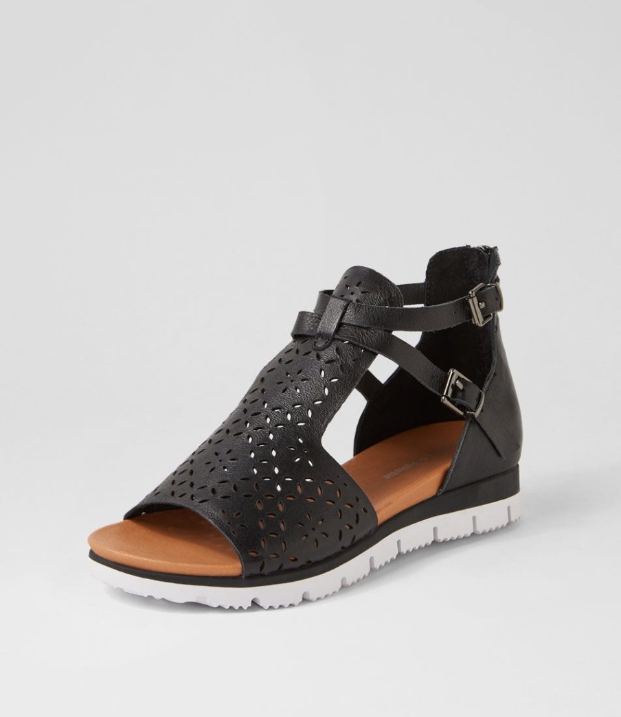 DJANGO & JULIETTE Lopical Black White Leather Sandals | Wedges