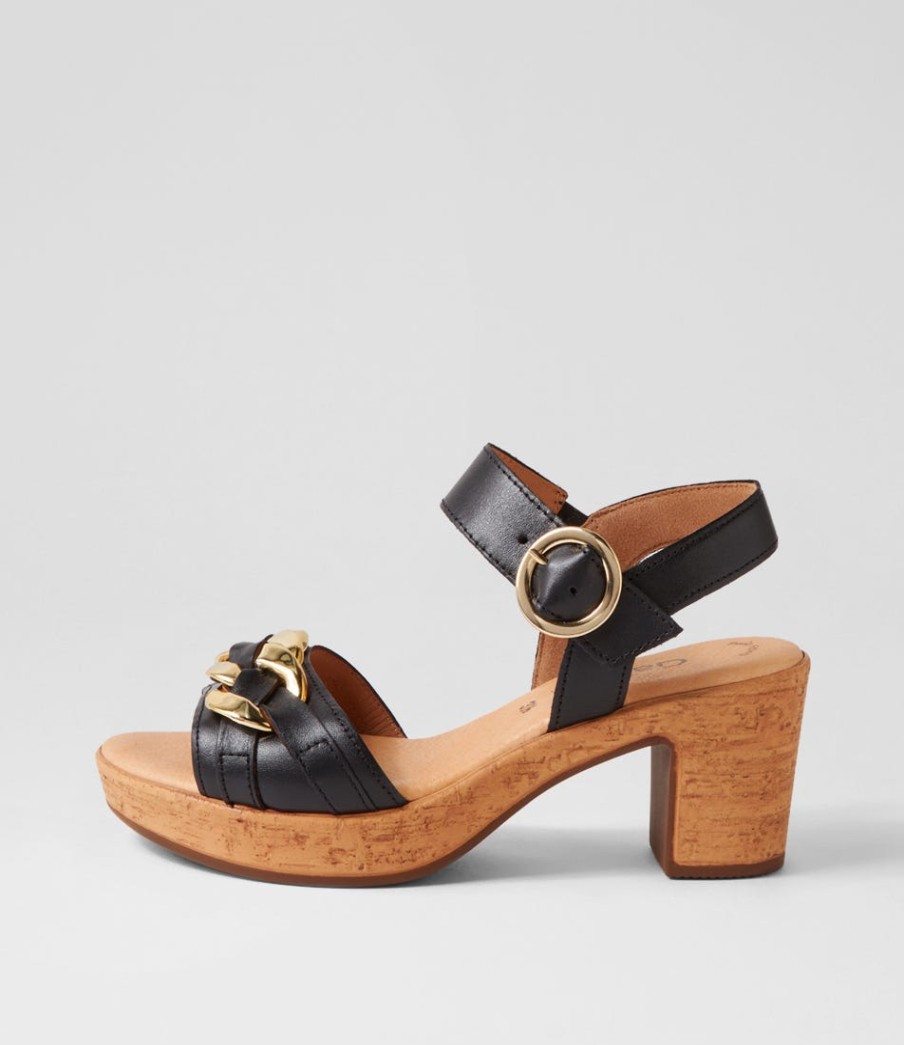 GABOR Sente Schwarz Gold Leather Sandals | Comfort