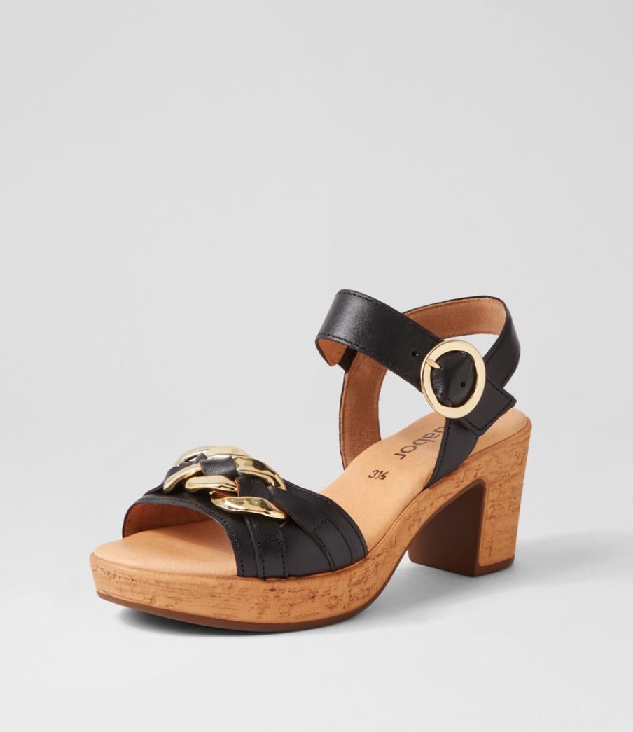 GABOR Sente Schwarz Gold Leather Sandals | Comfort