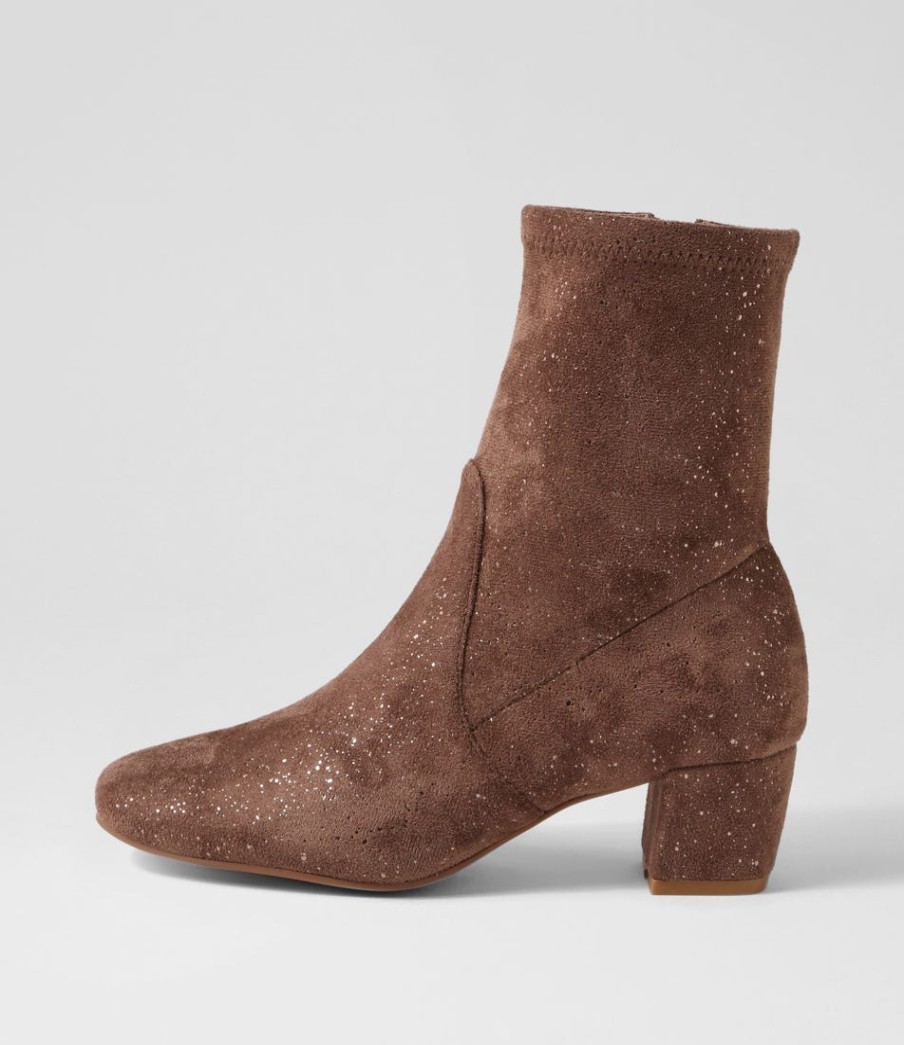 DJANGO & JULIETTE Hartful Taupe Sparkle Stretch Microsuede Ankle Boots | Boots