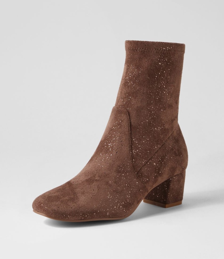 DJANGO & JULIETTE Hartful Taupe Sparkle Stretch Microsuede Ankle Boots | Boots