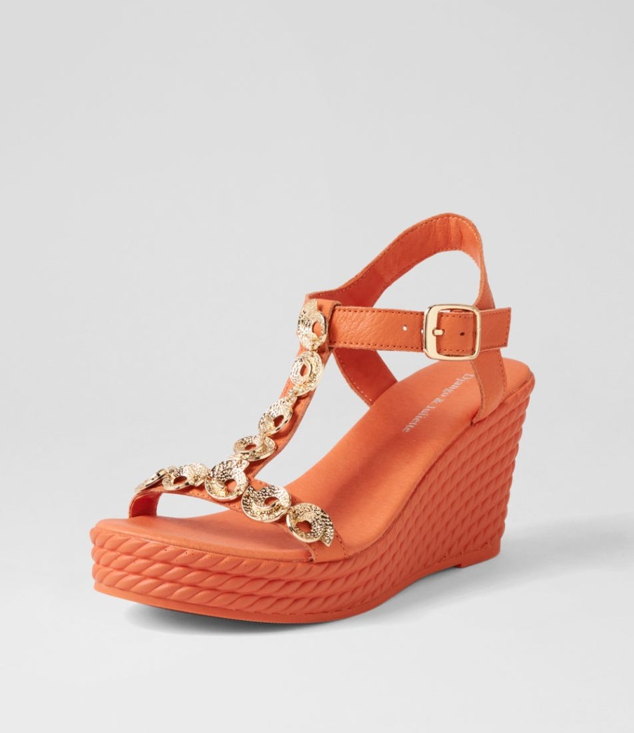 DJANGO & JULIETTE Evry Bright Orange Gold Leather Sandals | Wedges