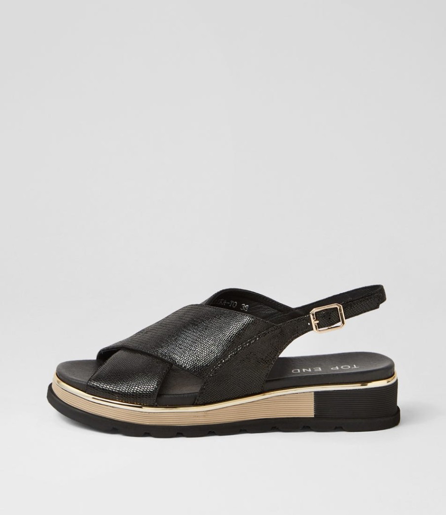 TOP END Ulrika Black Lizard Leather Sandals | Wedges