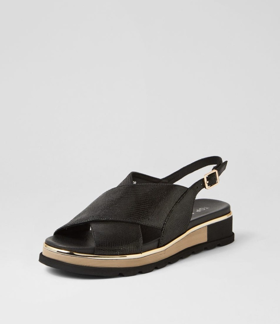 TOP END Ulrika Black Lizard Leather Sandals | Wedges