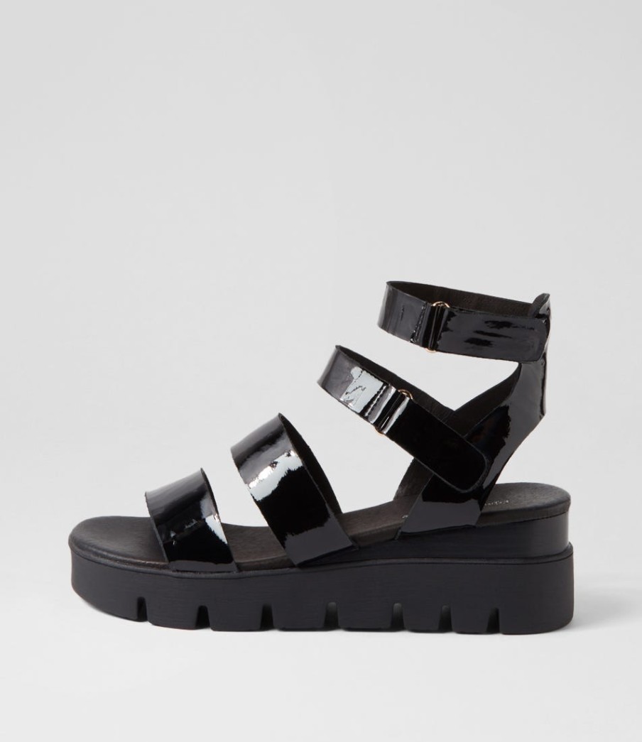 DJANGO & JULIETTE Rhean Black Patent Sandals | Wedges