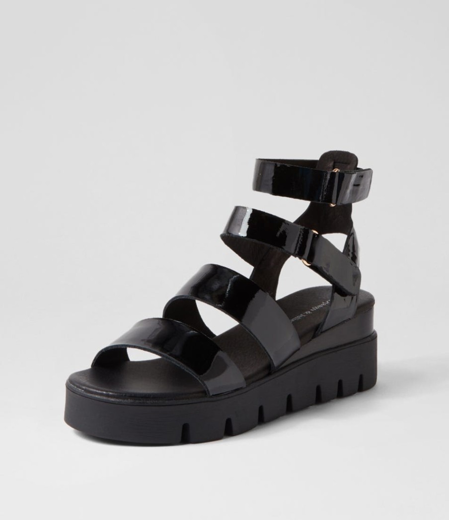 DJANGO & JULIETTE Rhean Black Patent Sandals | Wedges