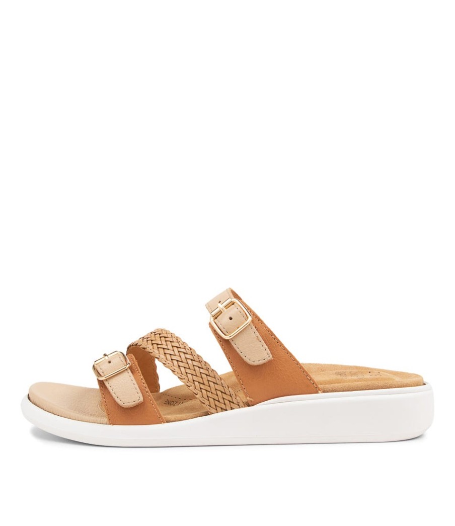 ZIERA Ieanny W Camel Multi Leather Weave Slides | Wedges