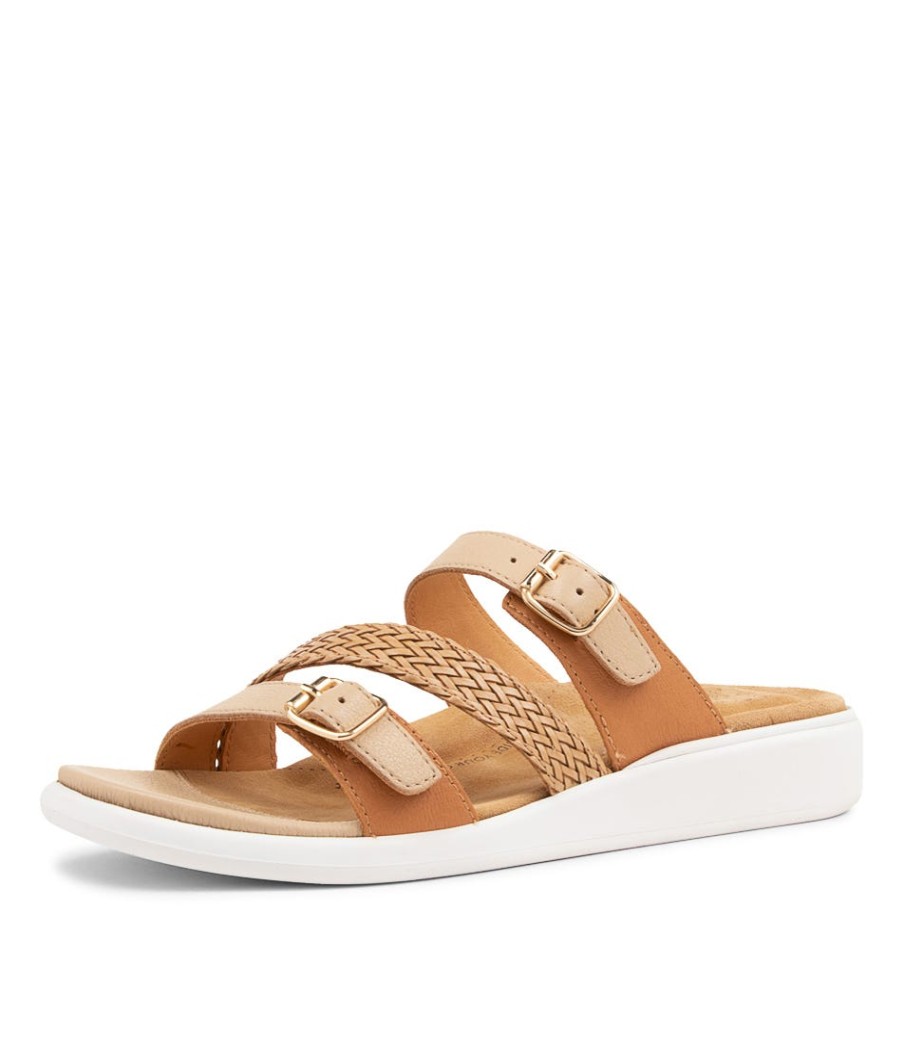 ZIERA Ieanny W Camel Multi Leather Weave Slides | Wedges