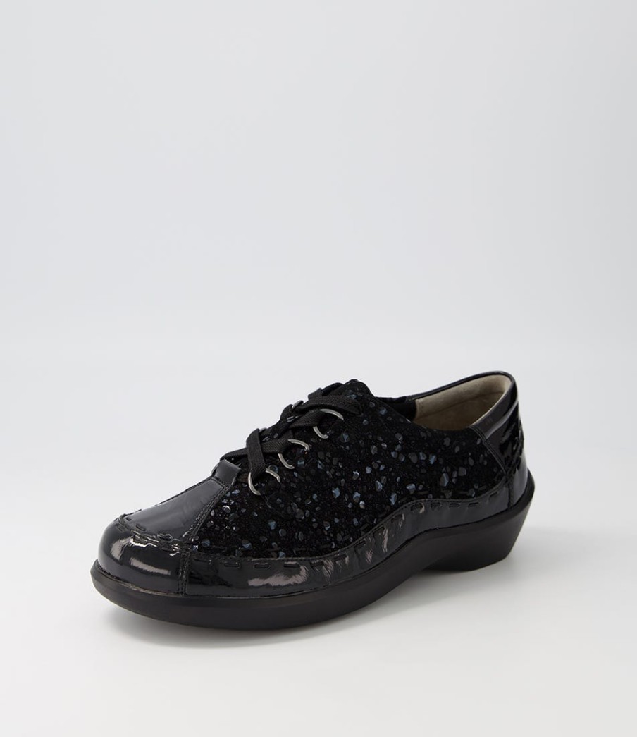 ZIERA Allsorts Xw Black Sparkle Lace Up Flats | Comfort