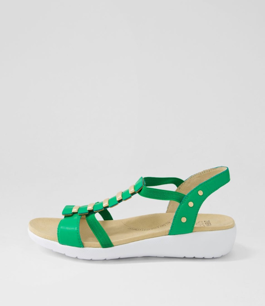 ZIERA Ulover W Bright Emerald Leather Elastic Sandals | Wedges