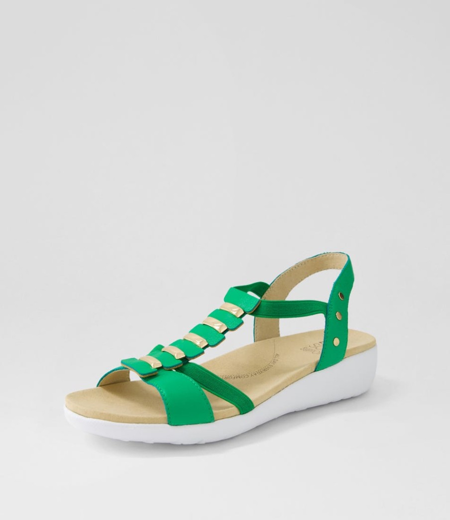 ZIERA Ulover W Bright Emerald Leather Elastic Sandals | Wedges