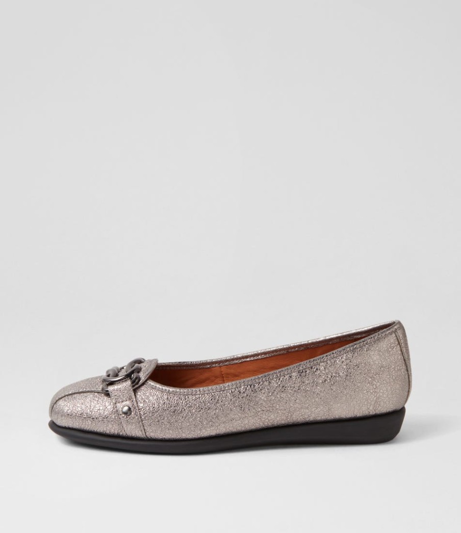 SUPERSOFT Elisse Gunmetal Foil Black Leather Ballet Flats | Comfort