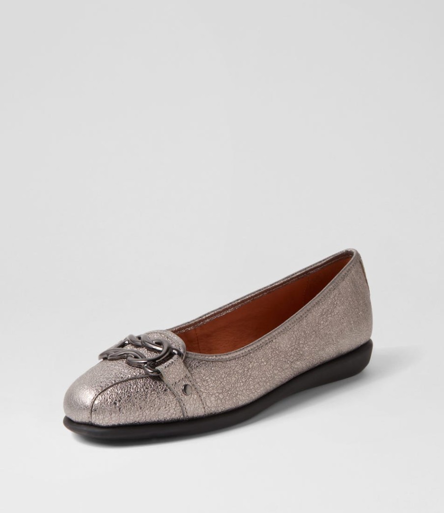 SUPERSOFT Elisse Gunmetal Foil Black Leather Ballet Flats | Comfort