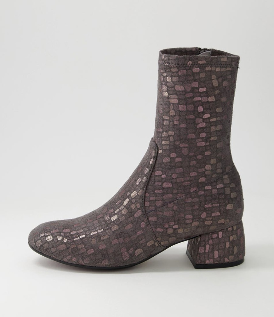 DJANGO & JULIETTE Checkie Grey Sparks Stretch Microsuede Ankle Boots | Boots