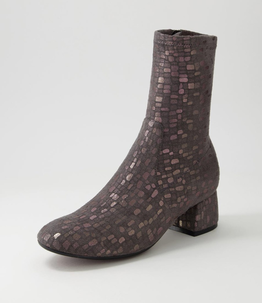 DJANGO & JULIETTE Checkie Grey Sparks Stretch Microsuede Ankle Boots | Boots