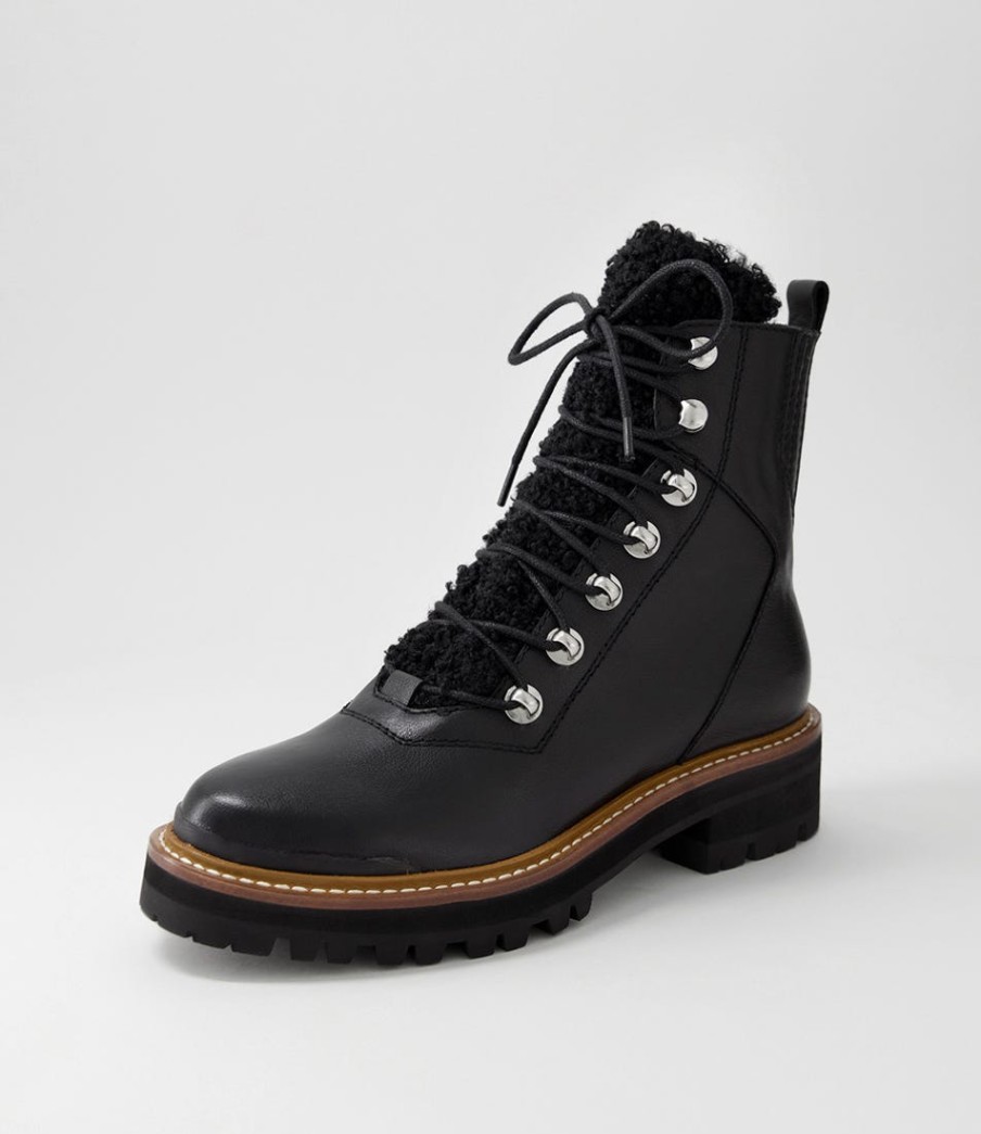 DJANGO & JULIETTE Fisher Black Tumble Leather Lace Up Boots | Boots