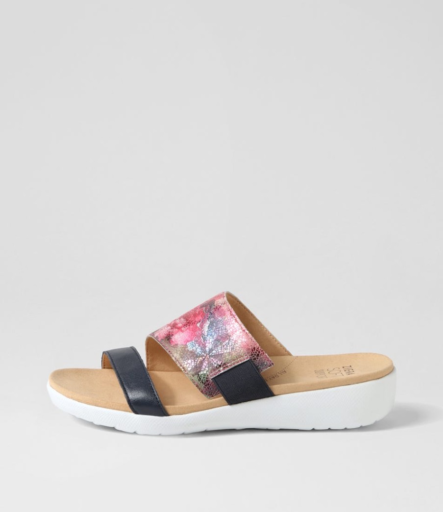 ZIERA Uccoe W Navy Fuchsia Floral Leather Slides | Wedges