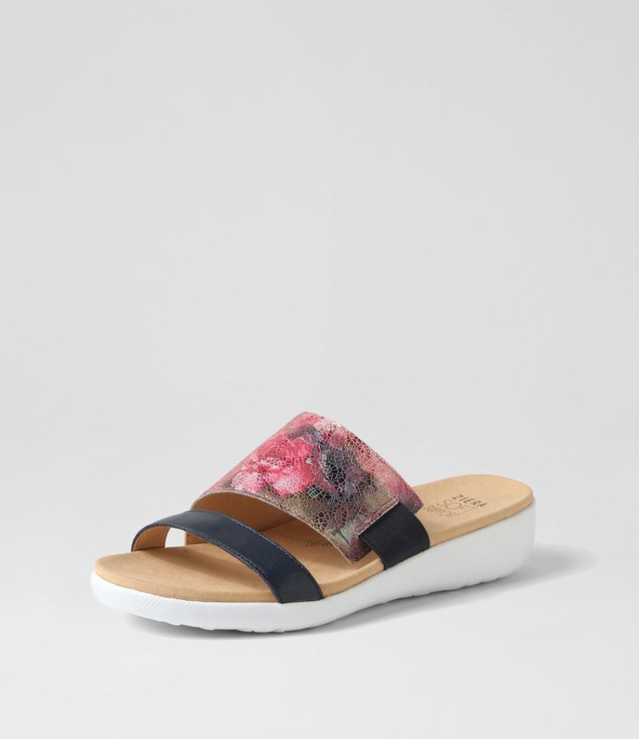 ZIERA Uccoe W Navy Fuchsia Floral Leather Slides | Wedges