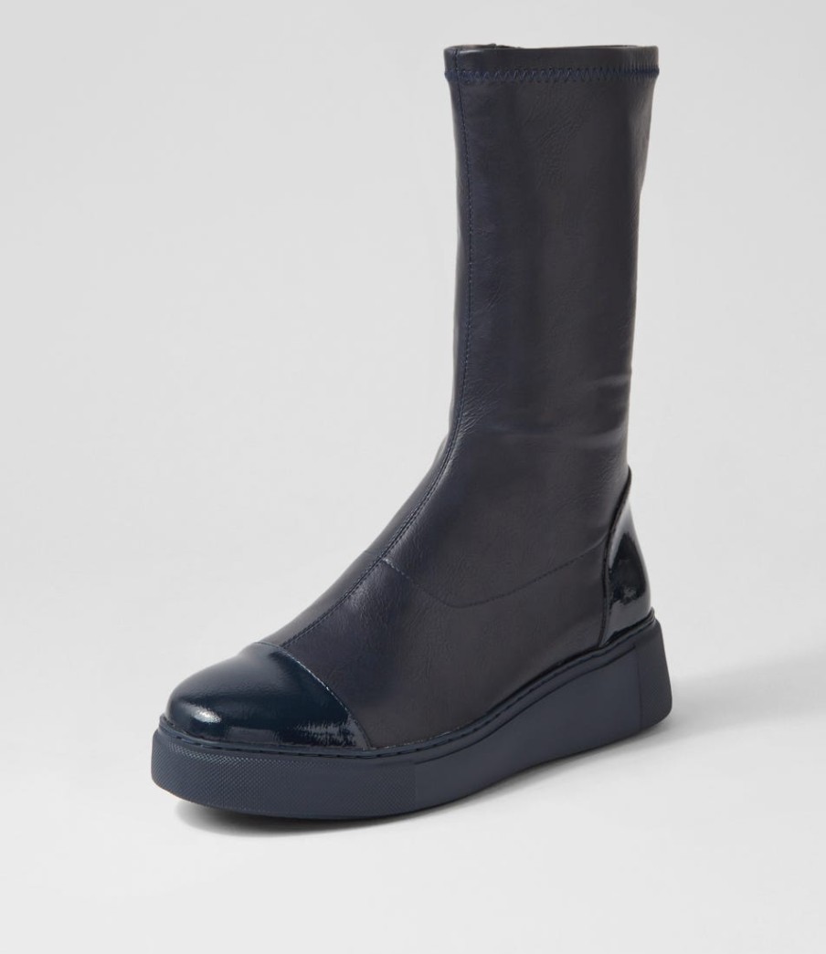 DJANGO & JULIETTE Yiggy Navy Patent Stretch Calf Boots | Boots