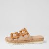 DJANGO & JULIETTE Savi Camel Natural Leather Buckle Slides | Espadrilles