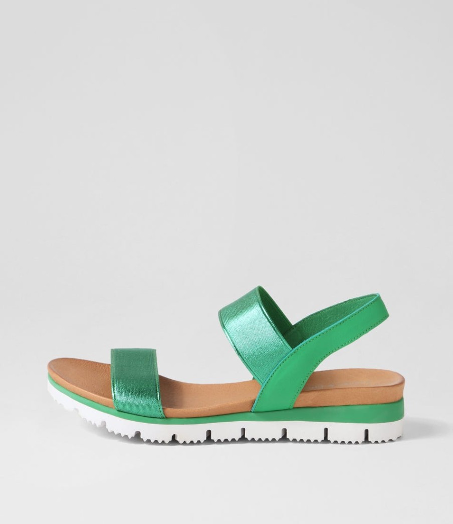 DJANGO & JULIETTE Leeka Emerald Shine Elastic Leather Sandals | Wedges