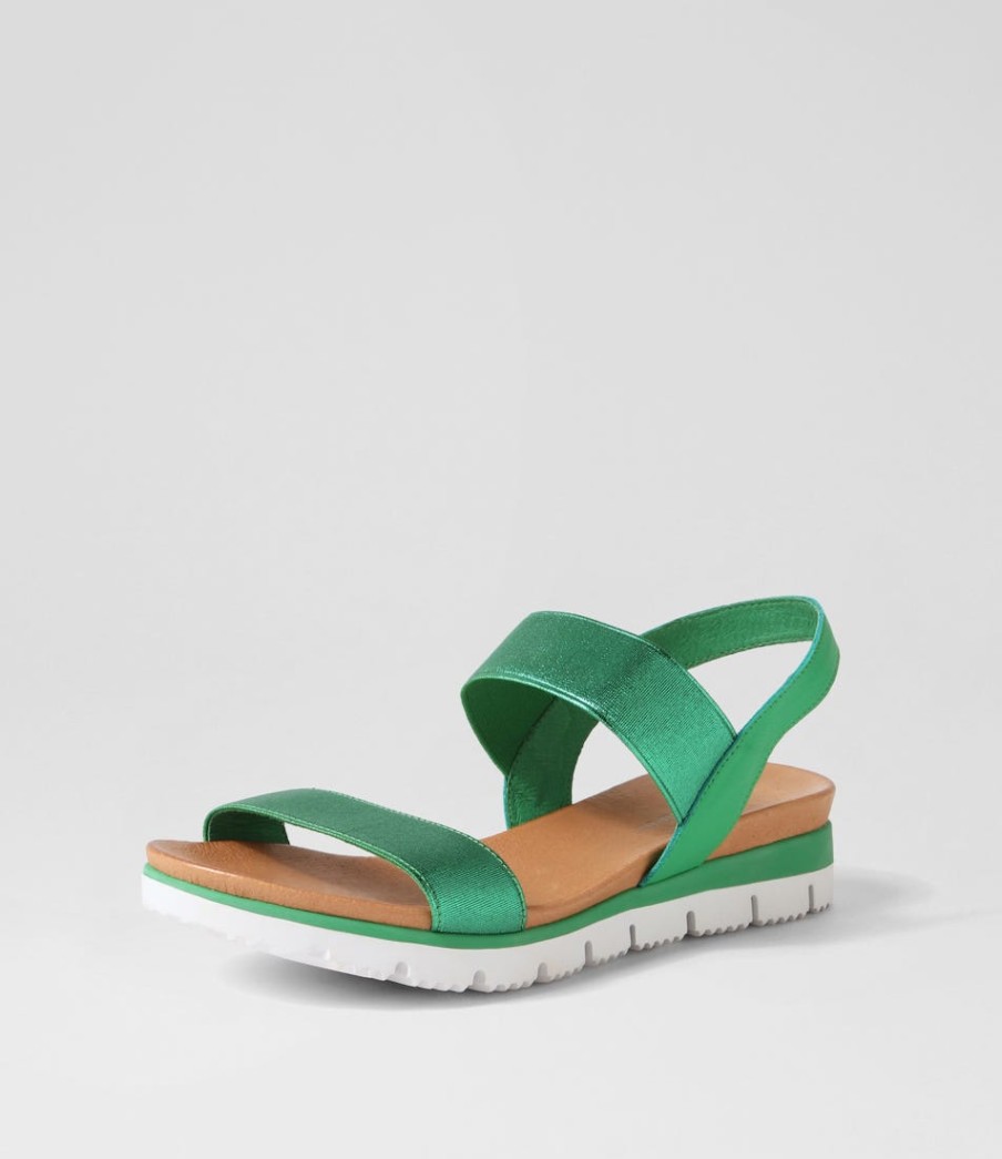 DJANGO & JULIETTE Leeka Emerald Shine Elastic Leather Sandals | Wedges