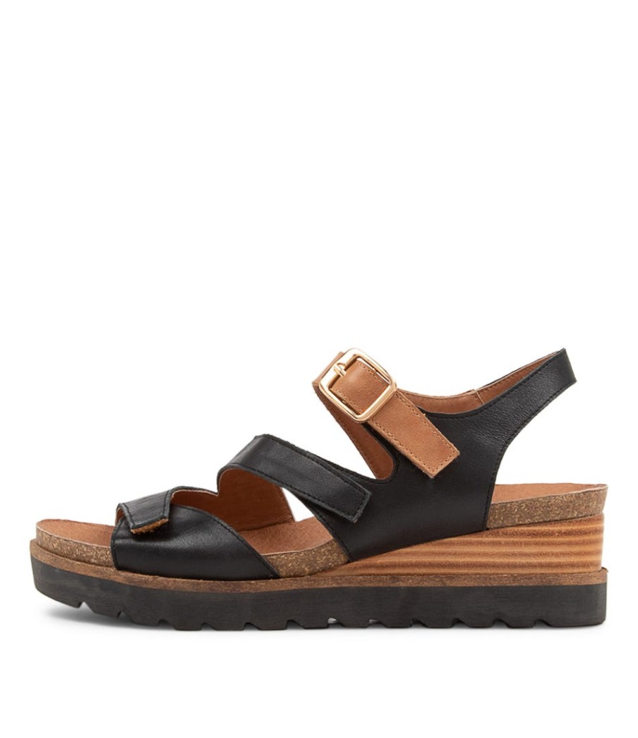 DJANGO & JULIETTE Babette Black Tan Leather Sandals | Wedges