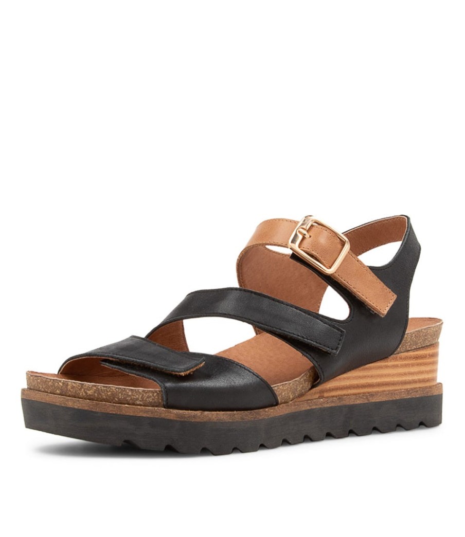 DJANGO & JULIETTE Babette Black Tan Leather Sandals | Wedges