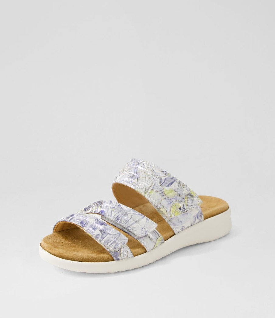 ZIERA Barbra Xw Navy Silver Floral White Leather Slides | Wedges