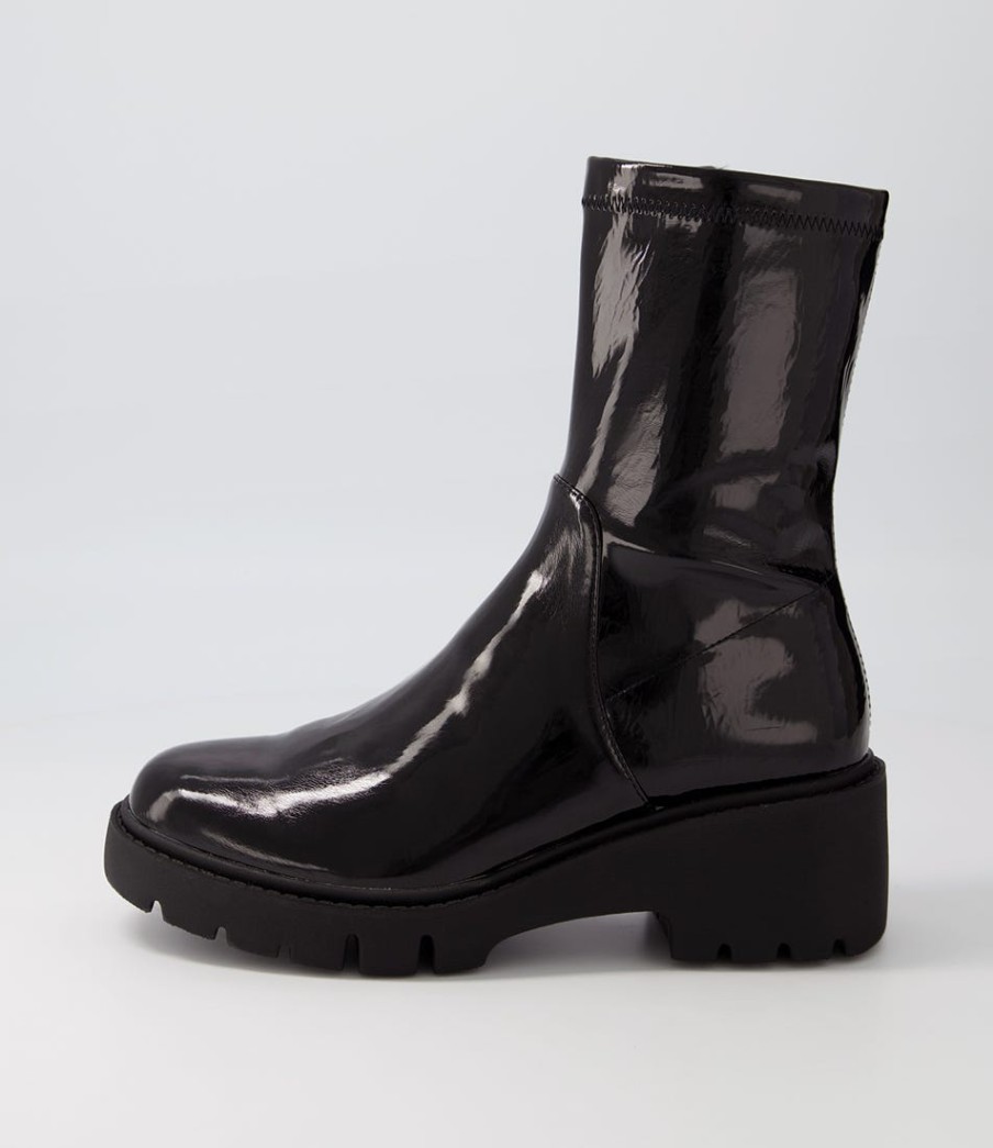 DJANGO & JULIETTE Urina Black Stretch Patent Pu Ankle Boots | Boots