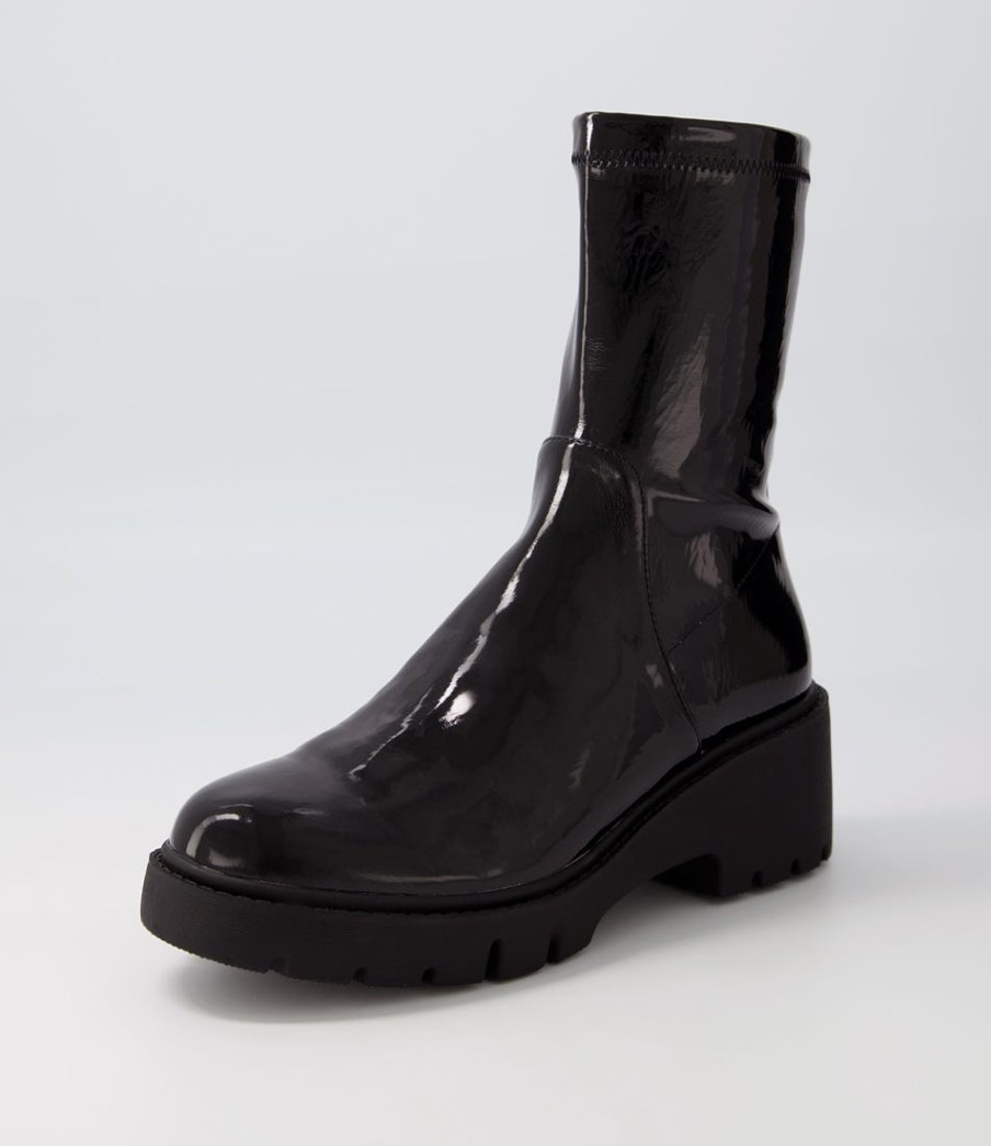 DJANGO & JULIETTE Urina Black Stretch Patent Pu Ankle Boots | Boots