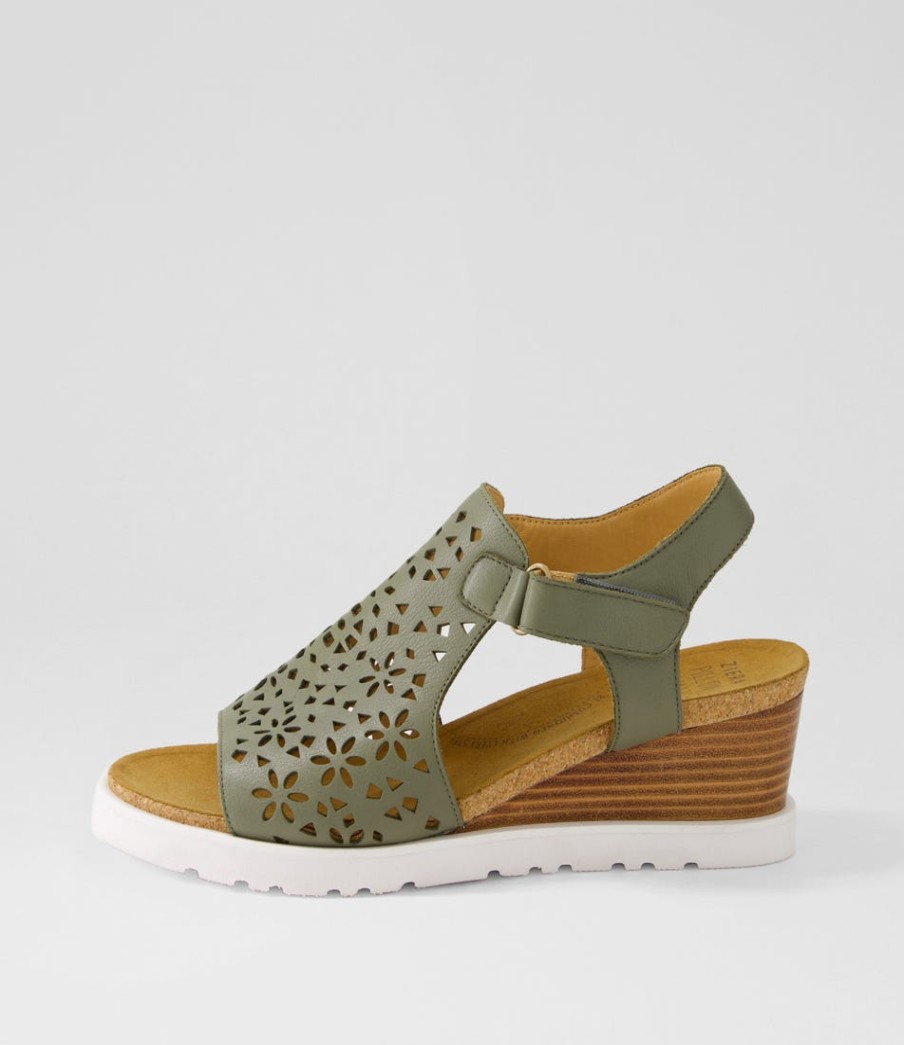 ZIERA Perynn W Olive Leather Sandals | Wedges