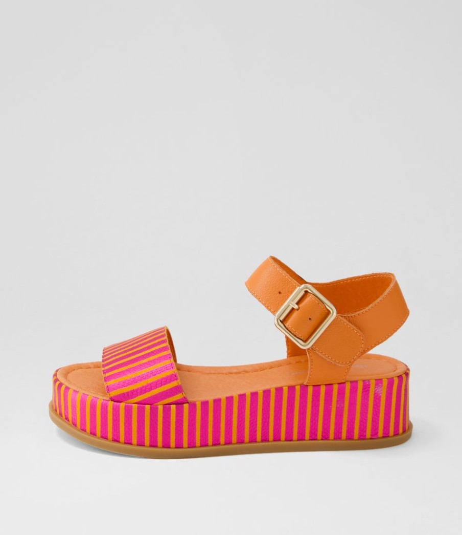 DJANGO & JULIETTE Wilburt Fuchsia Orange Stripe Leather Sandals | Sandals