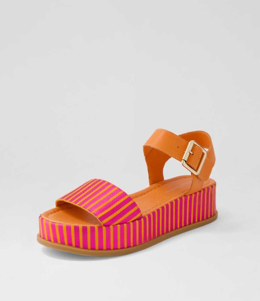 DJANGO & JULIETTE Wilburt Fuchsia Orange Stripe Leather Sandals | Sandals