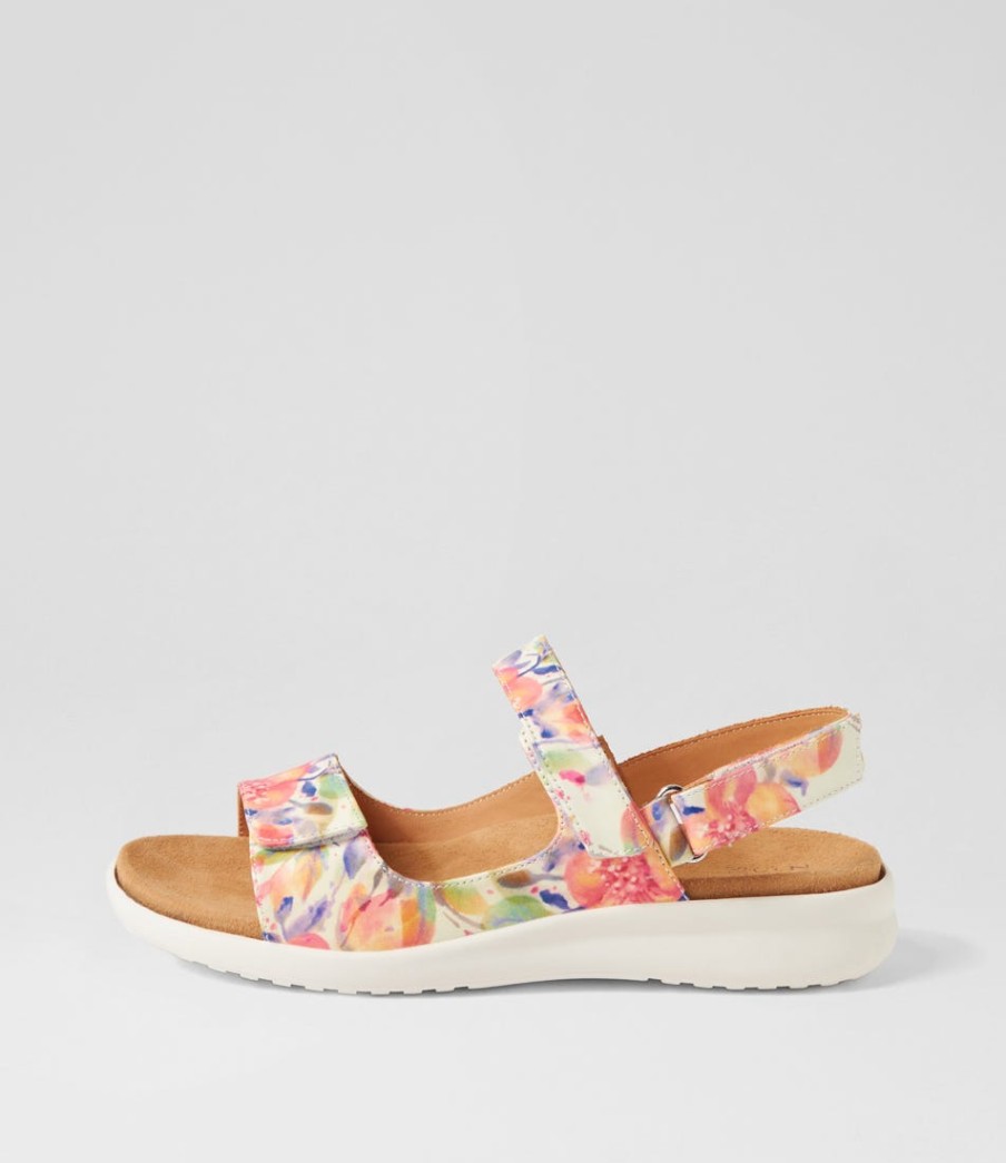 ZIERA Benji Xw Orange Floral White Leather Sandals | Wedges