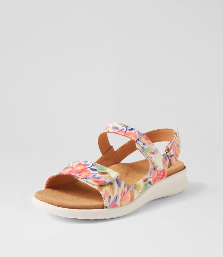 ZIERA Benji Xw Orange Floral White Leather Sandals | Wedges