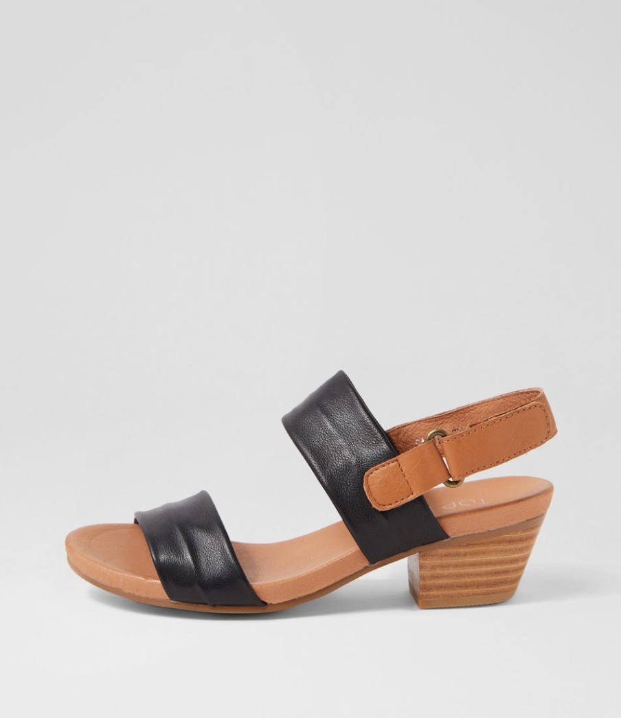 TOP END Cartha Black Dark Tan Leather Sandals | Heels