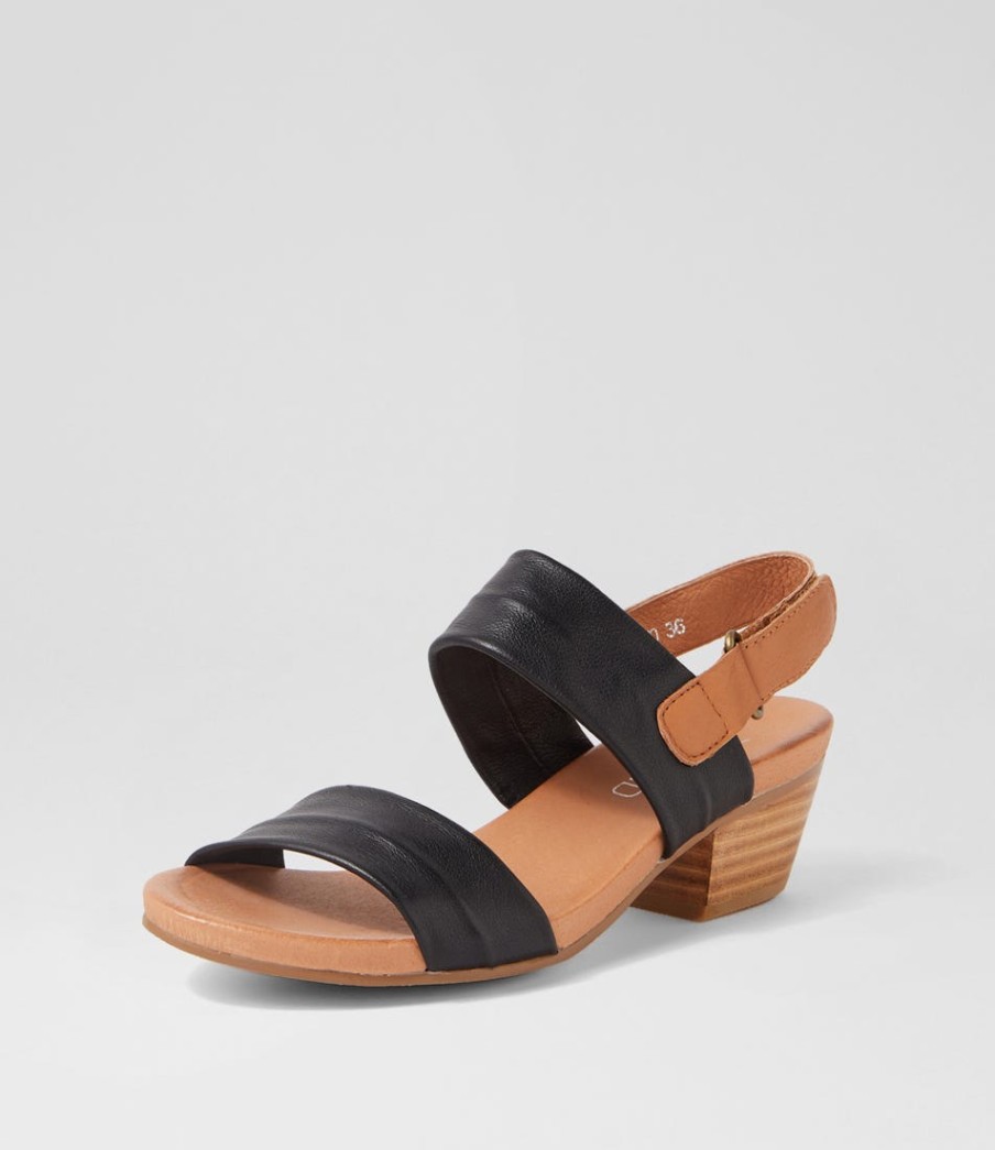 TOP END Cartha Black Dark Tan Leather Sandals | Heels