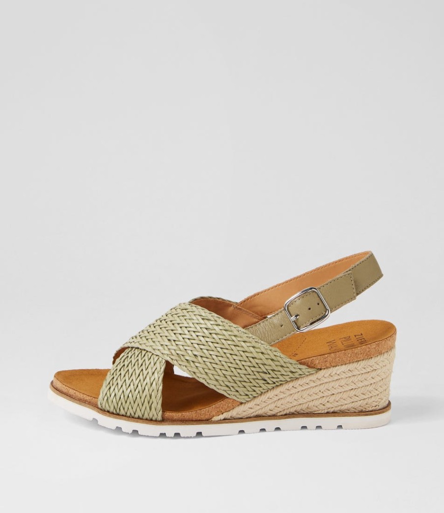 ZIERA Kaeme W Khaki Weave Leather Sandals | Wedges