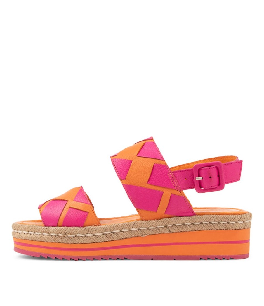 DJANGO & JULIETTE Acke Bright Orange Fuchsia Leather Sandals | Espadrilles