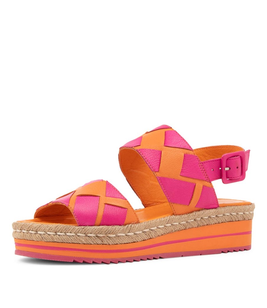 DJANGO & JULIETTE Acke Bright Orange Fuchsia Leather Sandals | Espadrilles