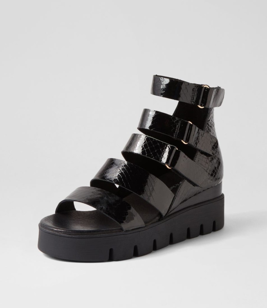 DJANGO & JULIETTE Raafe Black Mirror Leather Sandals | Wedges