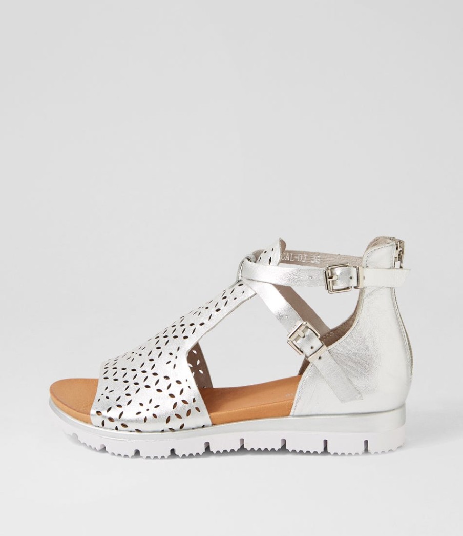 DJANGO & JULIETTE Lopical Silver Leather Sandals | Wedges