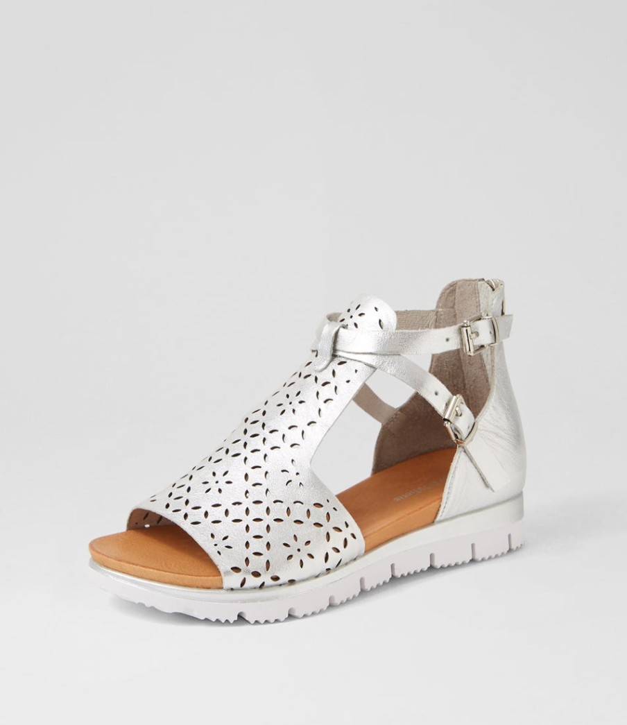 DJANGO & JULIETTE Lopical Silver Leather Sandals | Wedges